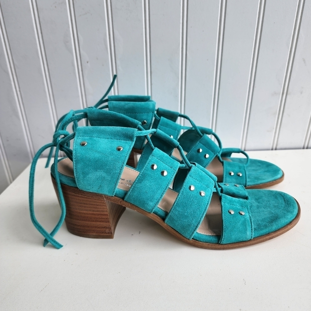 Charles David Leather Sandals Green Strappy Chunky Block Heel Shoe Sz 10